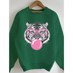 Women's Cozy  Tiger Bubblegum Graphic Sweatshirt - Casual Crew Neck, Long Sleeve, Machine Washable - Perfect for Fall/Winter Hoodie Crewneck Fabric Womenswear Tops