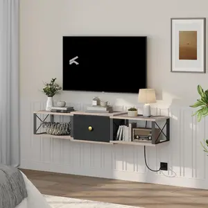 Floating TV Stand with Power Outlet, Wall-Mounted TV Stand with Drawer, Floating Entertainment Center Media Console Shelf for Under TV Storage, for Living Room, Bedroom, Greige TVHG201E01