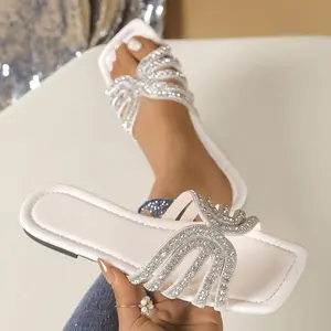 Women's Glam Crystal Embellished Slides |   Comfortable Chic Sparkly Flat Sandals |   Summer Beach Travel Sandals |   Boho Fashion Slides