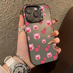 Adorable Animated Pink Pig Head and Heart Pattern Laser Phone Case Suitable for iPhone 17 Air/16 Plus/15 Pro Max/14 Pro/13/12/11/XS Max/X Phone Case, Perfect Gift for Family, Friends, Lovers, Boyfriend, Girlfriend on New Year and Christmas