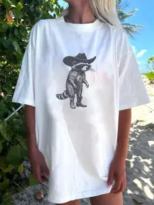 Women's Raccoon Print Round Neck Tee, Basic Fashion Casual Crew Neck T-shirt for Daily Holiday Vacation Outdoor Wear, Ladies Clothes for Summer Womenswear