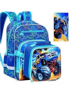 3PCS Truck Rolling Backpack Set, Truck Sports Style, Wheel Smooth Rolling, Large Capacity, Lunch Box & Pencil Case Included, Perfect for School & Sports, Boys & Kids