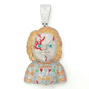 Iced Out Chucky Figure Charm - Premium Luxurious Pendant, Streetwear Style Bold Statement Jewelry, Gothic Witch Rhinestone Cross Accessory, Complimentary Shipping