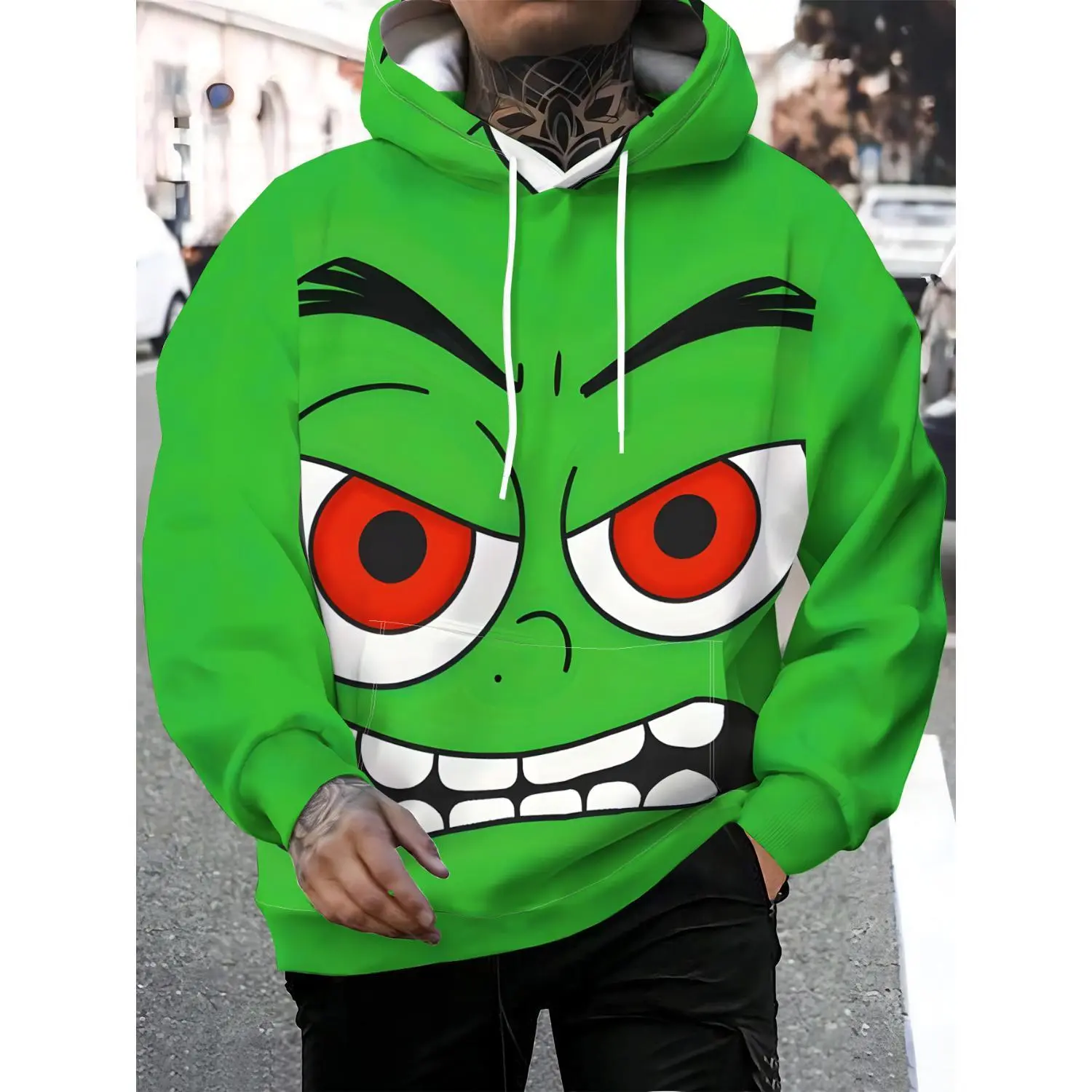Discover a New Era of Men's Streetwear - Cartoon Face Hoodie with Bold Artistic Patterns and Vibrant Colors