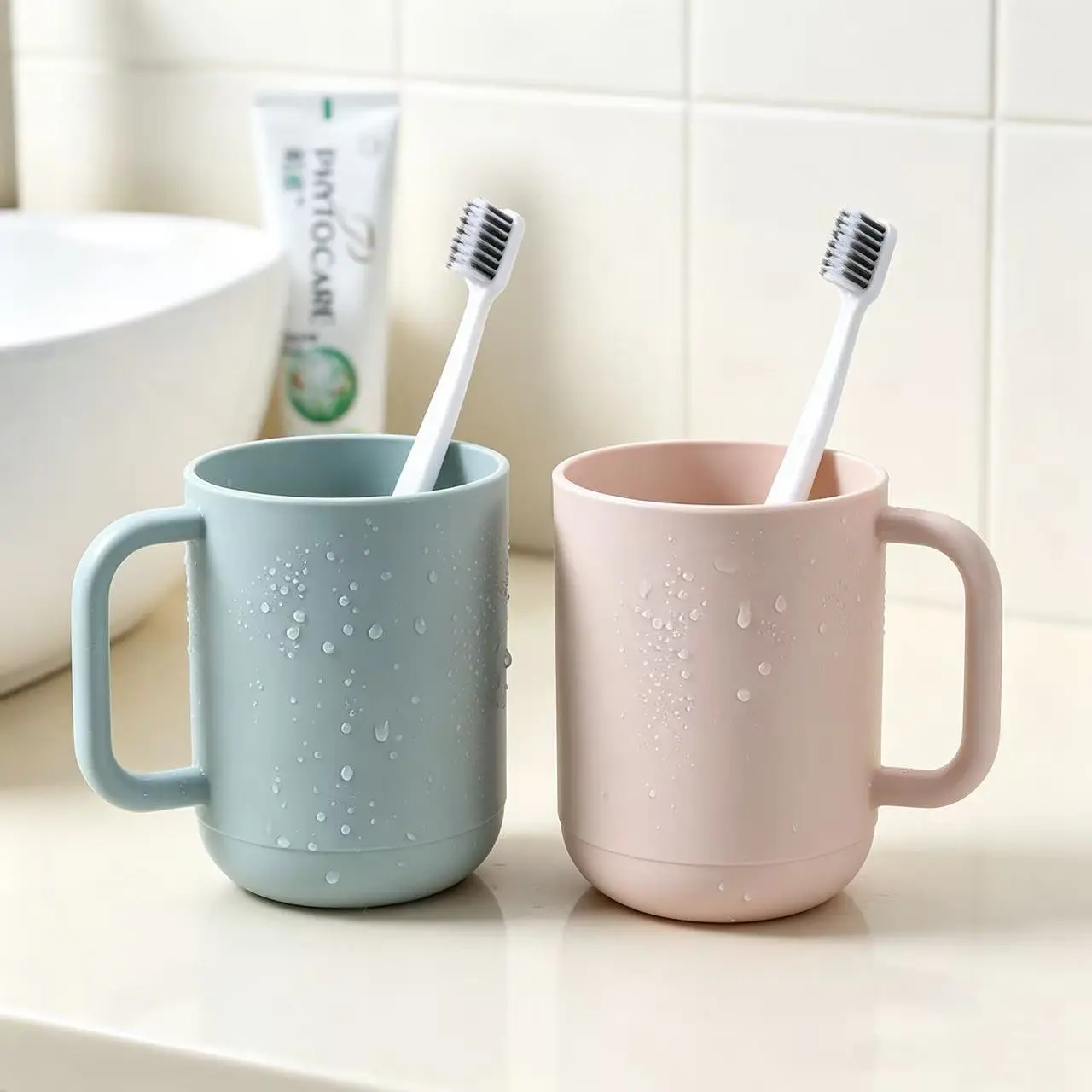 Bathroom Rinsing Cups with Handle - 2-Pack Minimalist Solid Color Plastic Washroom Cups, Blue & Pink Set in Polybag for Mouthwash & Tooth Brushing Use