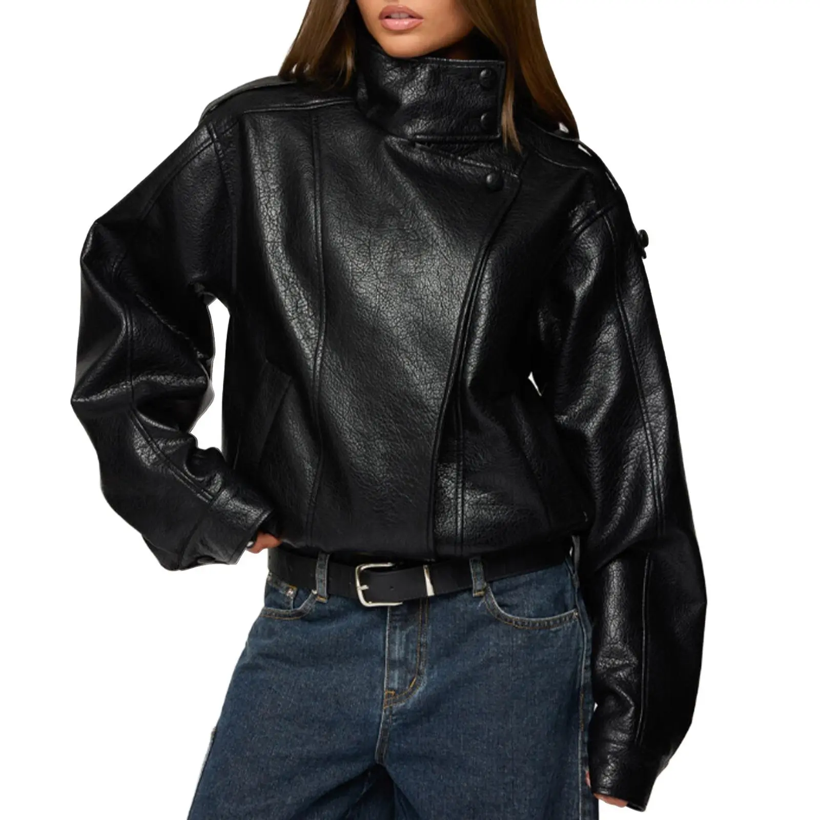 Cicy Bell Women's Faux Leather Bomber Jackets Zip Up Motorcycle Fall Coats | Winter Outerwear, Loose Fit, Trendy Casual, Elastic Hem, Long Sleeve, Stand Collar, Side Pockets, Snap Button