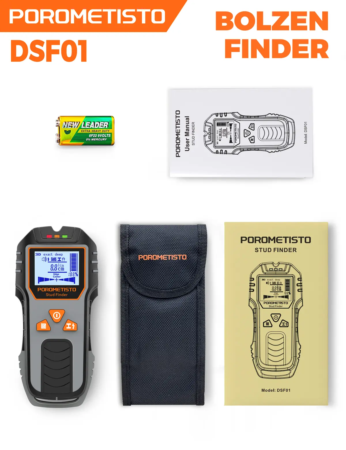 POROMETISTO-DSF01 6-in-1 Ultra Depth Wall Scanner Detector - 1 x DSF01 Stud Finder Hardware Tool with Intelligent Calibration, 9V Battery, Live Wire Detection, Metal, Wood, Copper Detection for Home Drilling, Renovation Safety (220V/110V Compatibility)