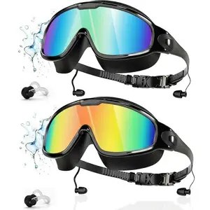 [Clearance]2 Pack Swim Goggles with Earplugs & Nose Clip | 180° Wide View Anti-Fog UV Protection | No Leaking Comfortable Fit for Adults Kids Men Women | Easy Adjust One-Click Buckle | Bright Multicolor Lenses for Indoor Outdoor Swimming