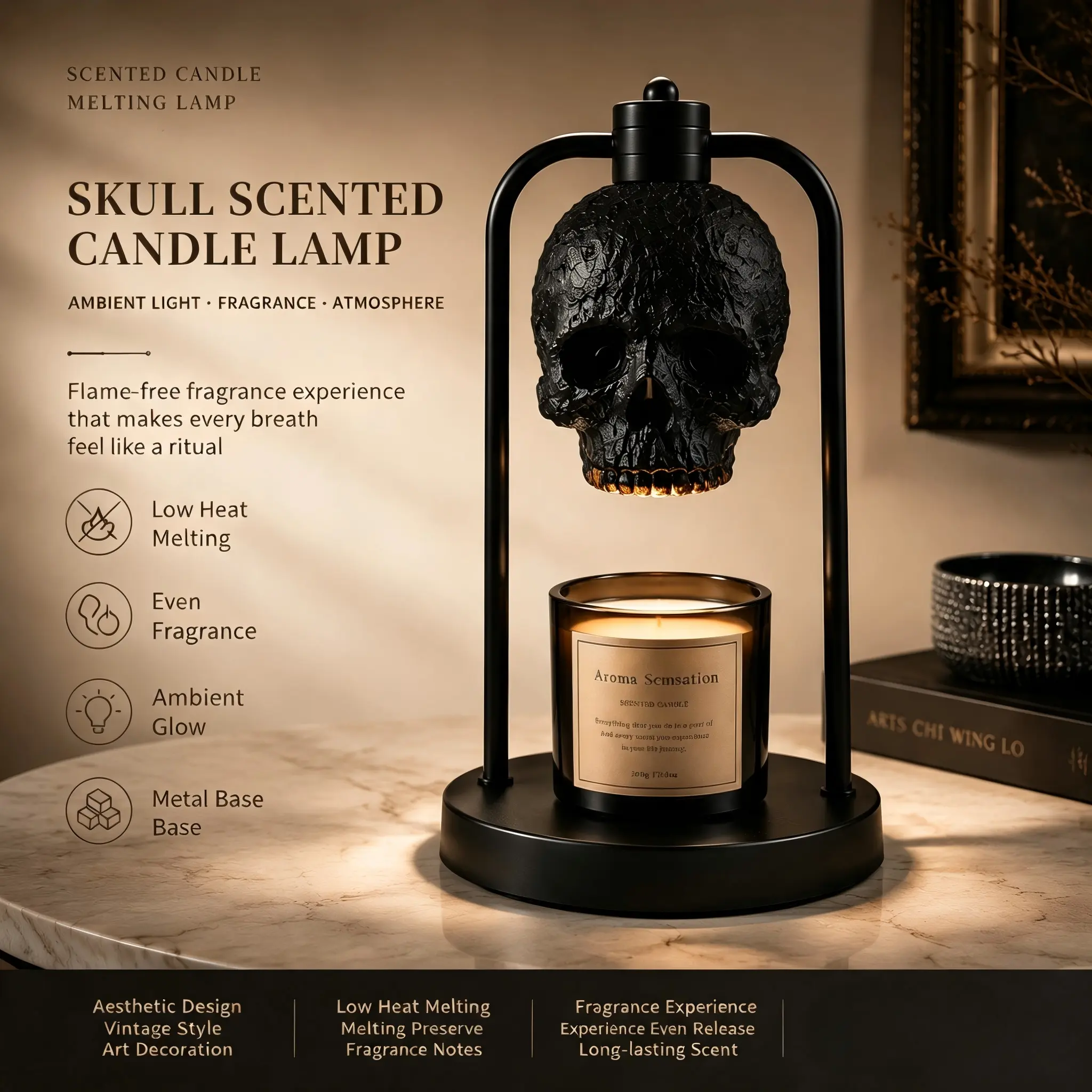 Dark Gothic Skull Wax Melting Lamp - 3-Level Dimmable Light, Timer, Matte Black Metal Frame, Vintage Skull Shade, Adjustable Ht., Decor, Room Decor, Fragrance Accessory for Bedroom/Study Accent (Candle Not Included)