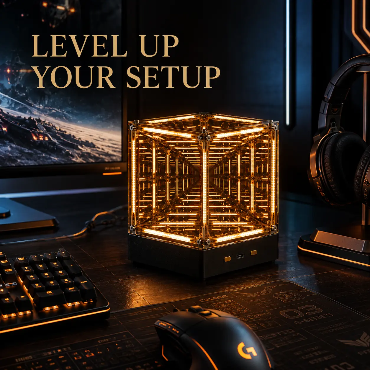 4D Infinity Mirror Cube Light, Rechargeable 2000mAh Tesseract Hypercube Abyss Lamp, Push-Button 3000K Warm White LED Optical Illusion Tunnel Light for Gaming Desk, Sci-Fi Room Decor & Cool Room Accessories