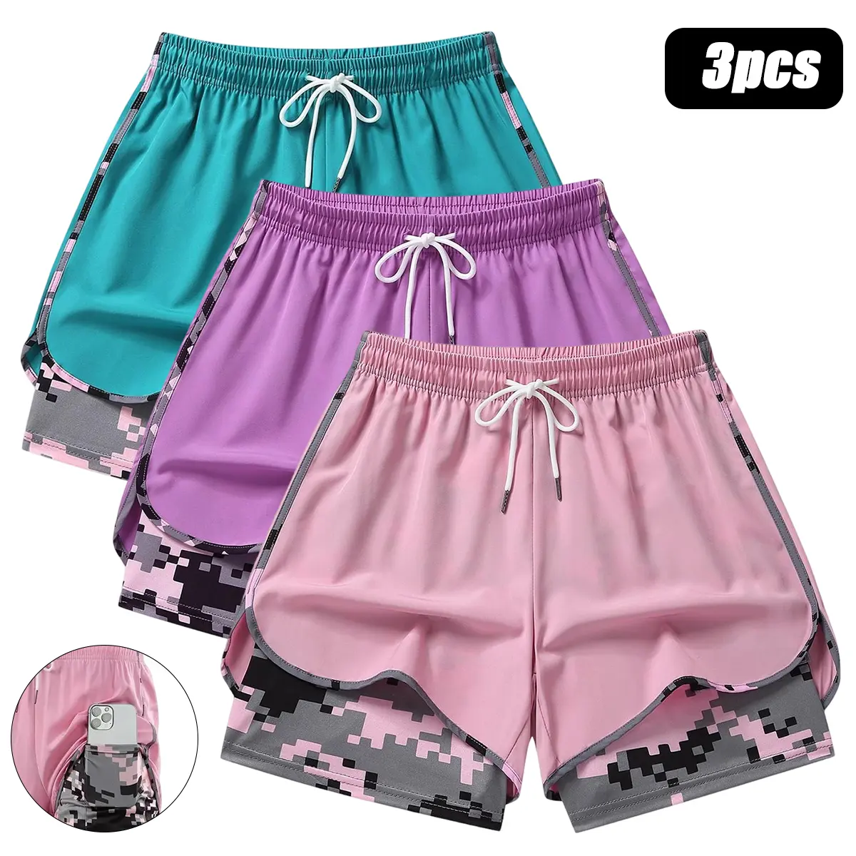 3-pack summer fashion casual athletic shorts, sporty casual style, double-layer fabric, camouflage pattern 2-in-1 design, breathable quick-dry, side pockets, non-stretch fabric, regular fit