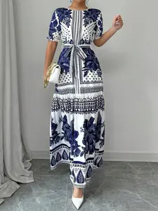 Women's Plants Print Floral Tie Waist Dress, Elegant Chic Retro Short Sleeve Dress for Summer, Women's Clothing for Daily Wear