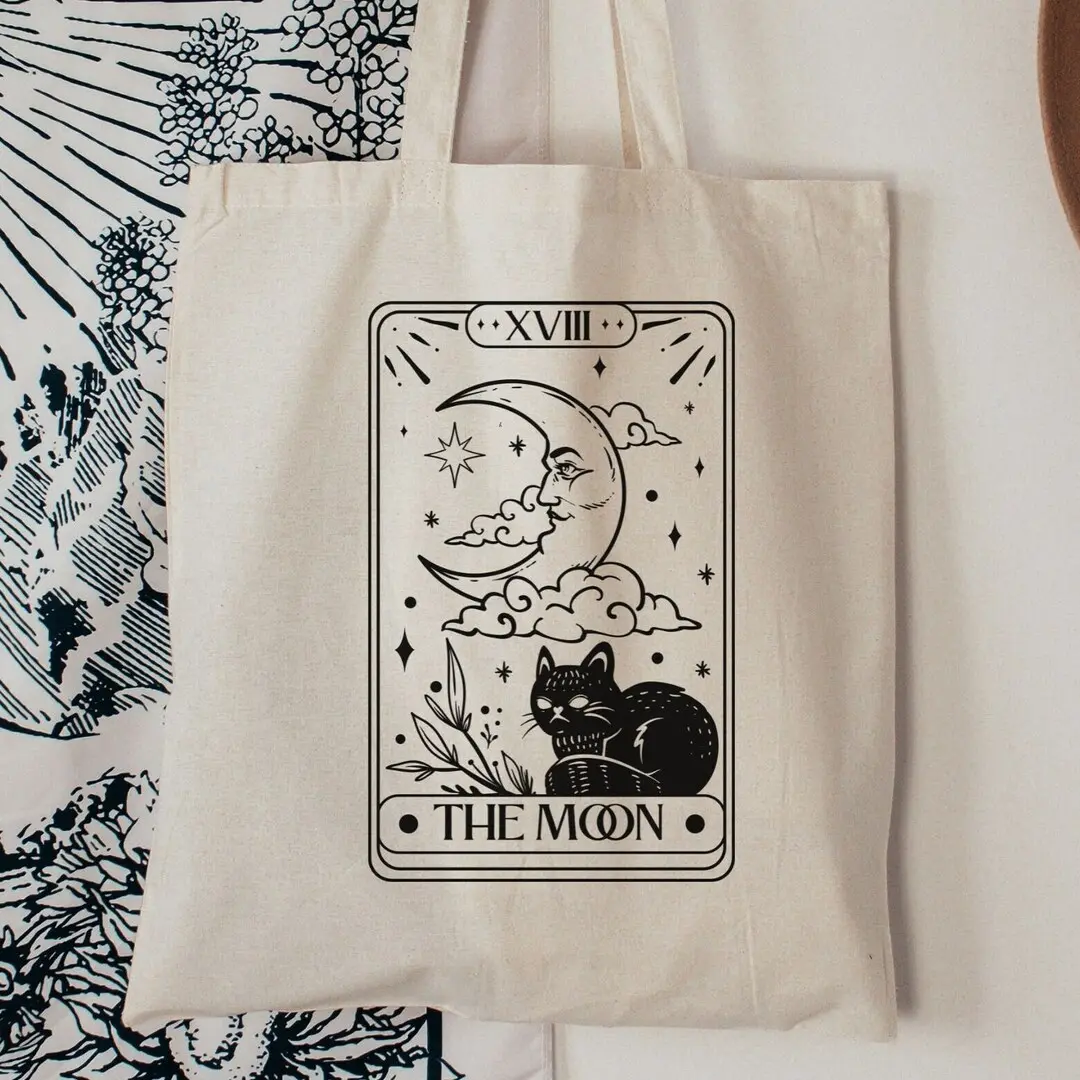 The moon tarot card tote bag, Cat tote bag, Celestial tote bag, Witchy tote bag, Tote bag spiritual