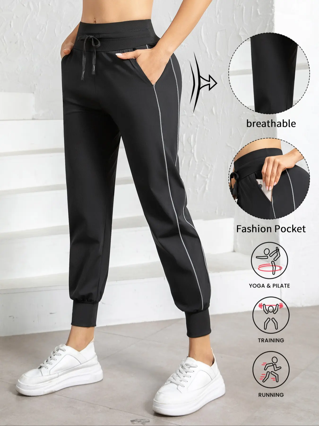 High-Waisted Women's Ice Silk Jogger Pants, Sports Jogging Pants, Pocket Drawstring Reflective Stripe Design, Slim-Fit Lightweight Athletic Wear, Breathable Athleisure Bottoms for All Seasons
