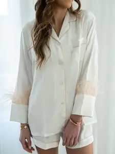 White with Blush Feathers Shorts Set, wedding pajamas, pajamas for the bride, romantic and elegant pajamas, chic wedding pajamas