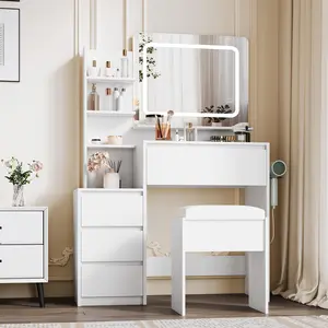 Fathersdaygift Summervibes Flash Sale Home Items 36-Inch Makeup Vanity Desk with Lights, 3 Lighting Modes, 4 Large Drawers, Charging Station & Vanity Stool, Modern Dressing Vanity Table for Bedroom & Women