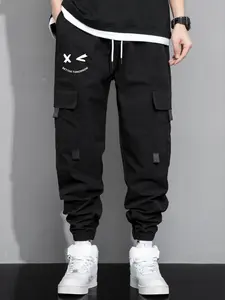 Men's Casual Solid Workwear Ankle-Length Pants with Adjustable Waist & Multi-Pocket Design for Everyday Wear