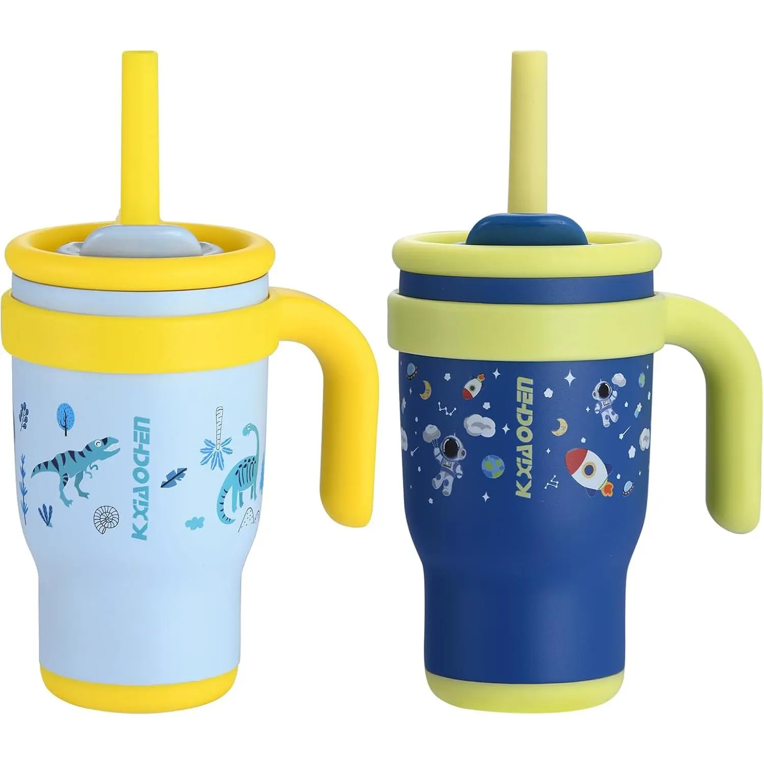 KXIAOCHEN 14 oz Kids Tumbler with Handle for spill proof Insulated Stainless Steel Reusable Tumbler for Toddlers, Keeps Drinks Cold up to 24 Hrs,Dinosaur+Spaceman2P