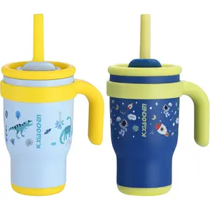 KXIAOCHEN 14 oz Kids Tumbler with Handle for spill proof Insulated Stainless Steel Reusable Tumbler for Toddlers, Keeps Drinks Cold up to 24 Hrs,Dinosaur+Spaceman2P