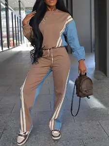 Women's Round Neck Colorblock Long Sleeve Top and Pants Casual Two-Piece Set, Casual Loungewear Set, Stylish and Comfortable for Daily Wear