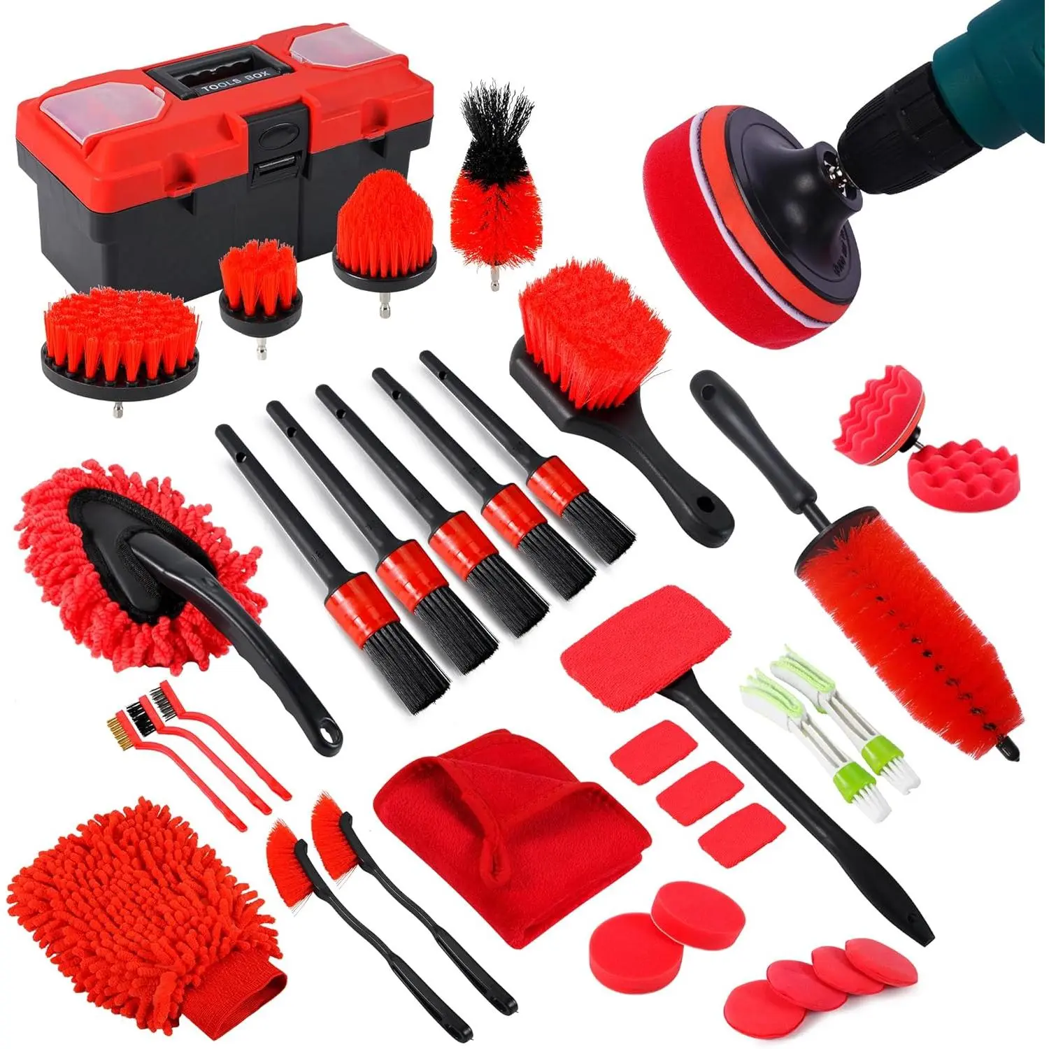 35 count  Detailing Kit, Drill Brush Attachments with Detailing Brush Set and Tools Box, Red Auto Cleaning Kit Interior for Wheels, Dashboard, Windows (B:35PCS-R)