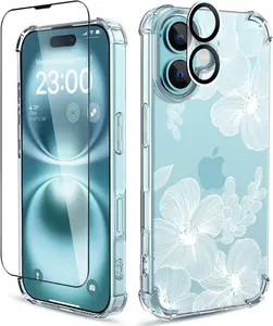 for iPhone 16 Plus Case,[3 in 1] with Screen Protector & Camera Lens Protector, Flower Pattern Design,Clear Soft Shockproof Slim Floral Phone Cover for Women Girls 2024 6.7" (Flower-2/White)