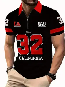 Men'S Casual Short Sleeve Polo Shirt with "32" & California Logo Print - Breathable Summer Golf Top, Regular Fit, Black & Blue Design, Comfortable for Casual Attire, Golf Shirt