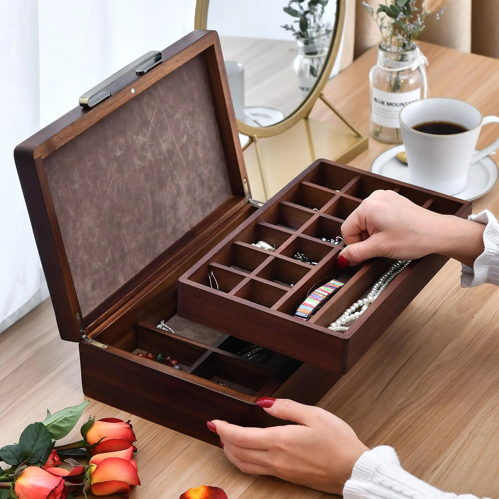Custom Engraved Jewelry Box, Acacia Wood Accessories Organizer, Large Storage For Earrings, Rings & Bracelets, Personalized Best Friend Gift