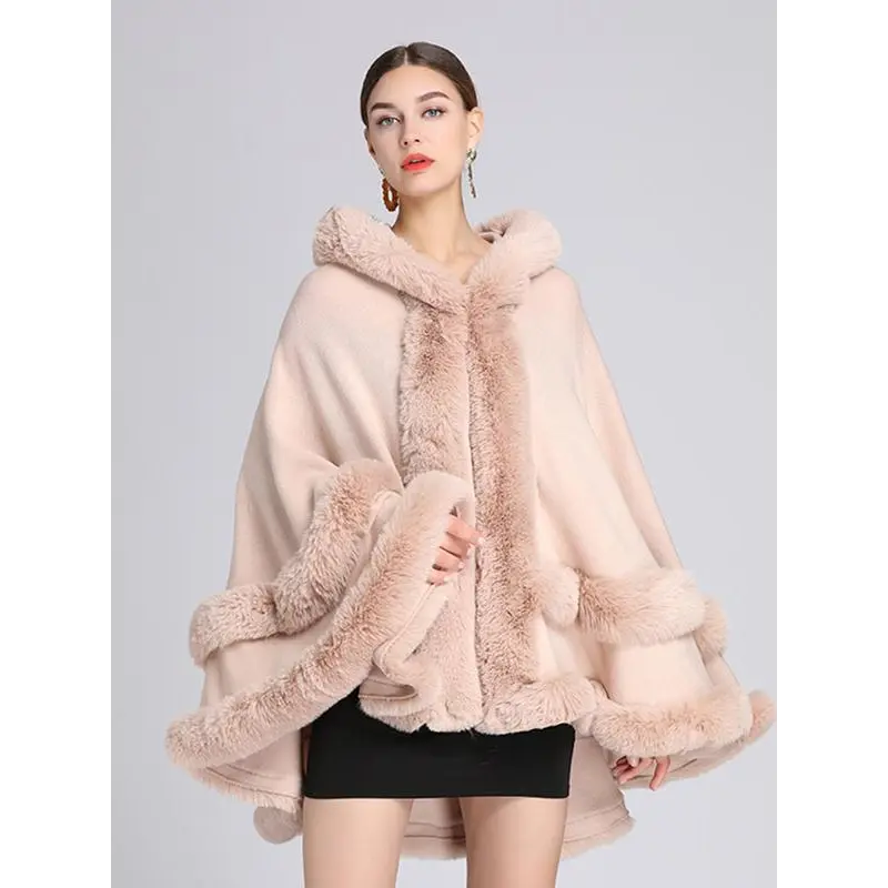 Women's Plush Faux Mink Fur Poncho Cape - Hooded Lady Jackets Coats, Warm Casual Shrug for Fall Winter Parties, Women's Clothes, Black, Tops, Fabric, Style, Loose Fit, Shrugs, Poncho Sleeves, Hooded Neck, Open Front, Convenient Wear, Party, Outerwear, Loo
