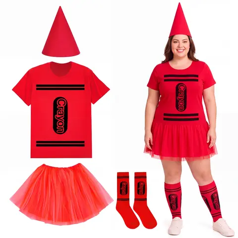 Halloween Costume for Women Teacher Crayon Group Costume Book Week Character Cosplay Funny Teacher Outfit T-shirt & Tutu Skirt & Gnome Cone Hat & Socks for Preschool Kindergarten Elementary School Parades Classroom Colorful Art Party Trick-or-treat