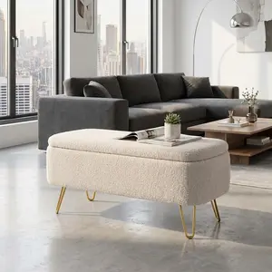 Modern Ivory White Storage Ottoman Bench with Gold Legs, Faux Fur Upholstered, 39.37 x 15.75 x 15.50 Inches, Padded Seating with Hidden Storage for Living Room, Bedroom, End of Bed