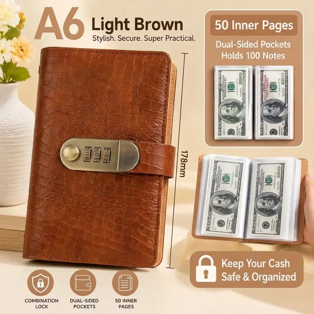 A6 Spiral Notebook Binder with 3 resettable combination locks – Large-capacity cash savings notebook with combination lock wallet organizer, budget planner and monthly bill organizer for creating budgets, storing funds and important information (50 sheets