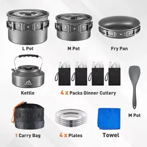 27pcs Camping Cookware Mess Kit for 2-4 People, Portable Cookware Set with Kettle, Pots & Pans, Stainless Steel Utensils, Plates, Dishware for Backpacking, Picnic, Outdoor Adventures