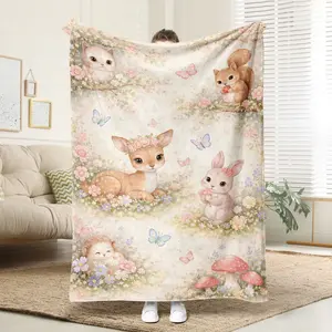 Forest Animal Theme Blanket, Soft Flannel Home Sofa Warm Blanket, Anti-Allergy Knit Fabric, Digital Print, Ideal Gift for Bed Couch Camping Travel Car