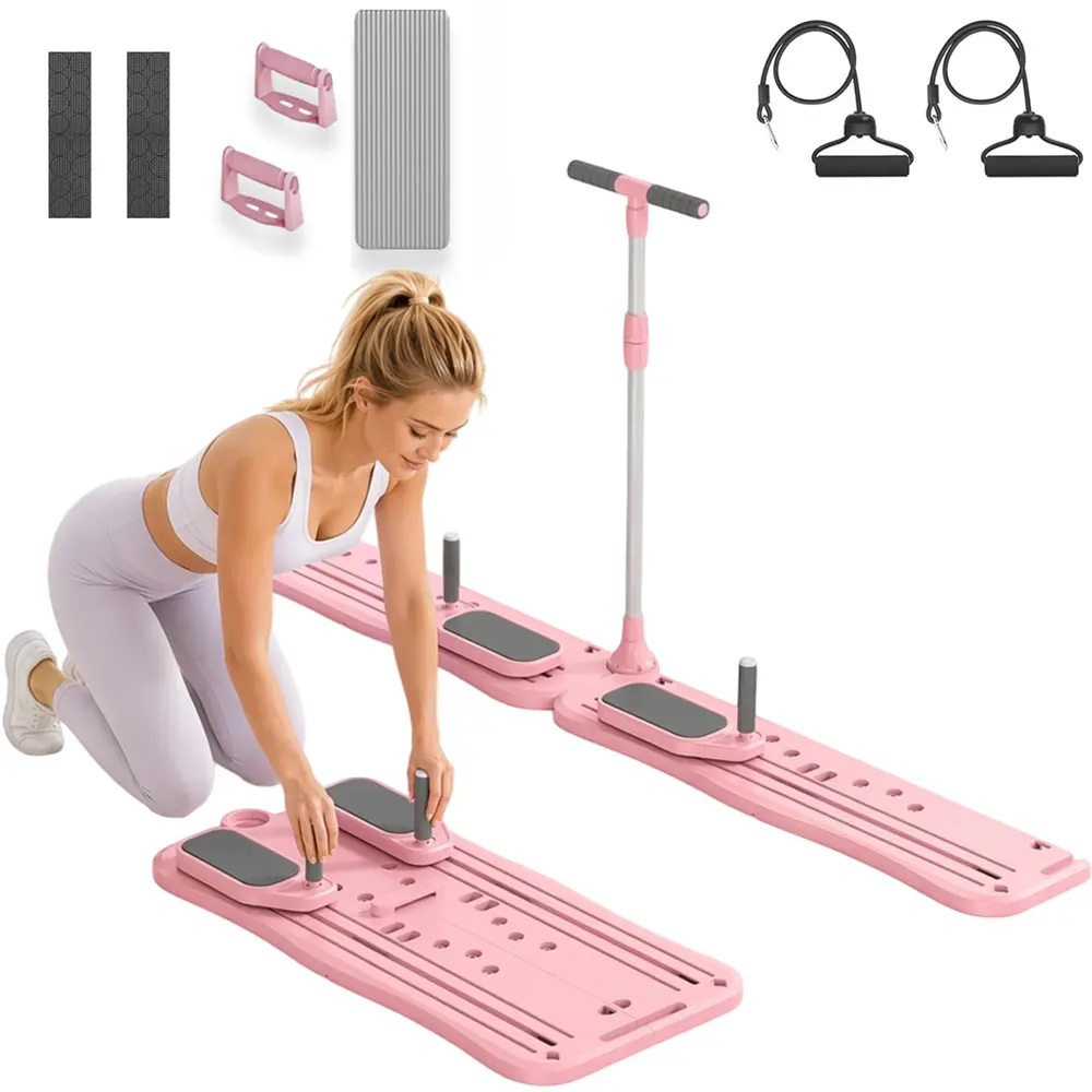 Mini Retractable Fitness Gliding Board with Pull Loops Complete Bundle, Household Everyday Training Equipment Black & Pink Offered Stock