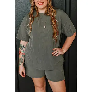 Moss Green Plus Size Rib Knit Short Sleeve Top and Shorts Set