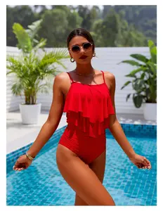 Red Ruffled Bikini Set - Women's Two Piece Swimsuit High Waist Bathing Suit Bright Red Cami Top Bikini with Ruffles - Summer Beach Swimwear