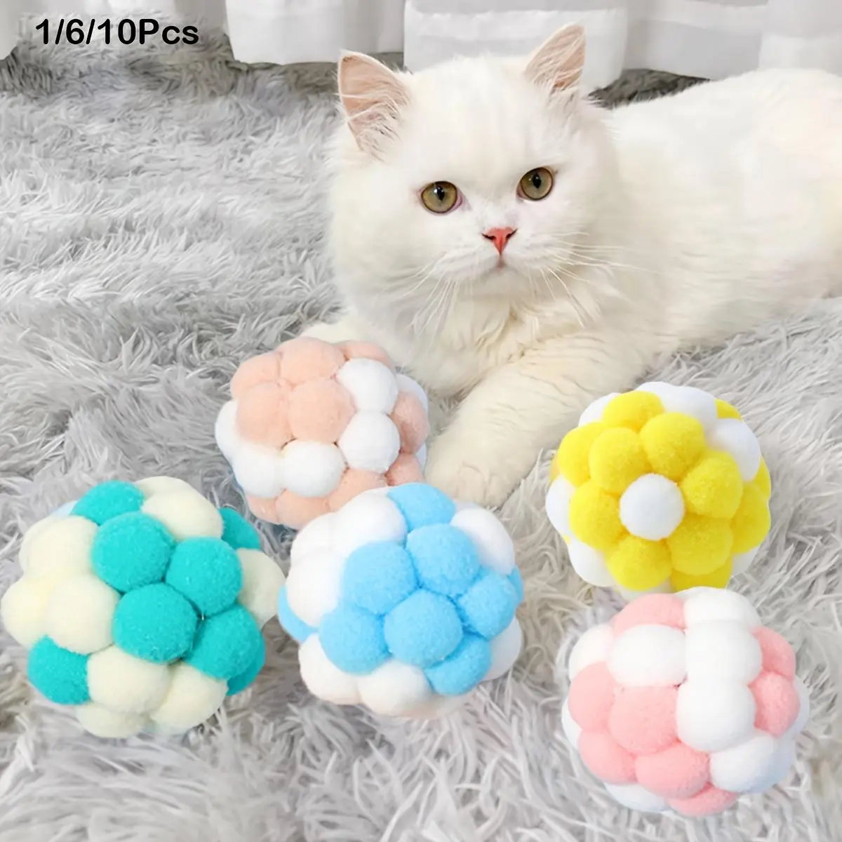 1pc/6pcs/10pcs Pet Cat Elastic Bell Knitted Ball - Multicolor Random Color Plush, Fuzz, Interactive Pet Toy, Plush Ball Balls, Fuzz Ball Balls