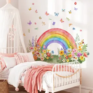 2Pcs/Set (3090cm2pcs) Fresh Rainbow Flower Cluster Wall Stickers, Wall Decor for Kids & Girls Room, Nature Theme Decals