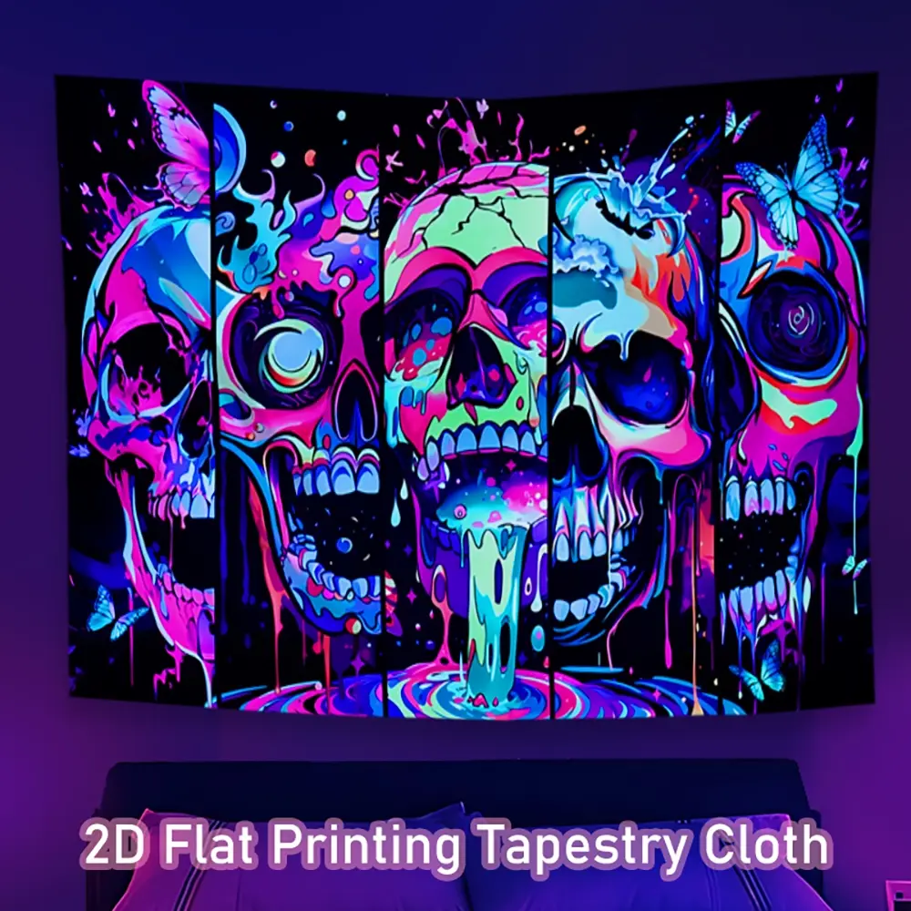 1PC Large Neon Skull Pattern Blacklight Tapestry, Durable Tapestry, Wall Tapestries, Wall Hanging Gothic Style, Goth Home Decor, Psychedelic Uv For Bedroom, Living Room, Office, Party Decor 37*73/78*59inch Polyester With Free Installation Package