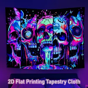 1PC Large Neon Skull Pattern Blacklight Tapestry, Durable Decorative Tapestry, Wall Tapestries, Wall Hanging Gothic Style Psychedelic Uv For Bedroom, Living Room, Office, Party Decor 37*73/59*51/78*59inch Polyester With Free Installation Package
