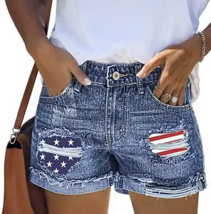 Women's Plus-Size Ripped Denim Shorts with American Flag Print, Shorts for Women