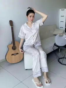 Vintage Button Down Short Sleeve Pajama Set with Matching Scrunchie Mulberry Silk Women's Comfortable Sleepwear Soft Loungewear Top Classic Design Premium Latin Silk Fabric - Aesthetics