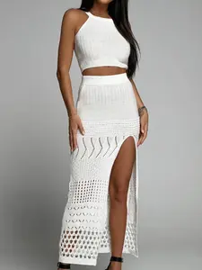Women's Solid Halter Neck Crop Top & Split Thigh Cover Up Skirt Set, Boho Fashion Hollow Out Crochet Sleeveless Top & High Waist Cover Up Skirt for Beach Holiday Vacation, Ladies Spring & Fall Clothes