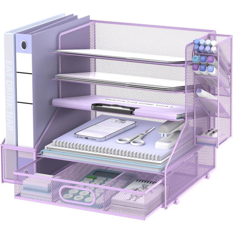 Desk Organizer with File Holder, 5-Tier Mesh Paper Letter Tray Organizer with Pen Holder and Drawer, Desktop Organizer and Storage with 3 Tilted File Sorter for Office Supplies, Purple