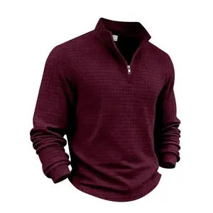Men's autumn and winter solid color waffle weave pullover sweatshirt, regular style leisure zipper placket long sleeve knitted sweater, men' outdoor sports clothing, S-3XL(gift)