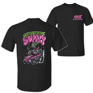 Dirty Diesel Supply Funny Truck T-Shirt – Black Graphic Tee Featuring Skeleton Driving Pink Pickup “I Dirty Diesel Supply” Design, Perfect for Car Guys & Diesel Lovers