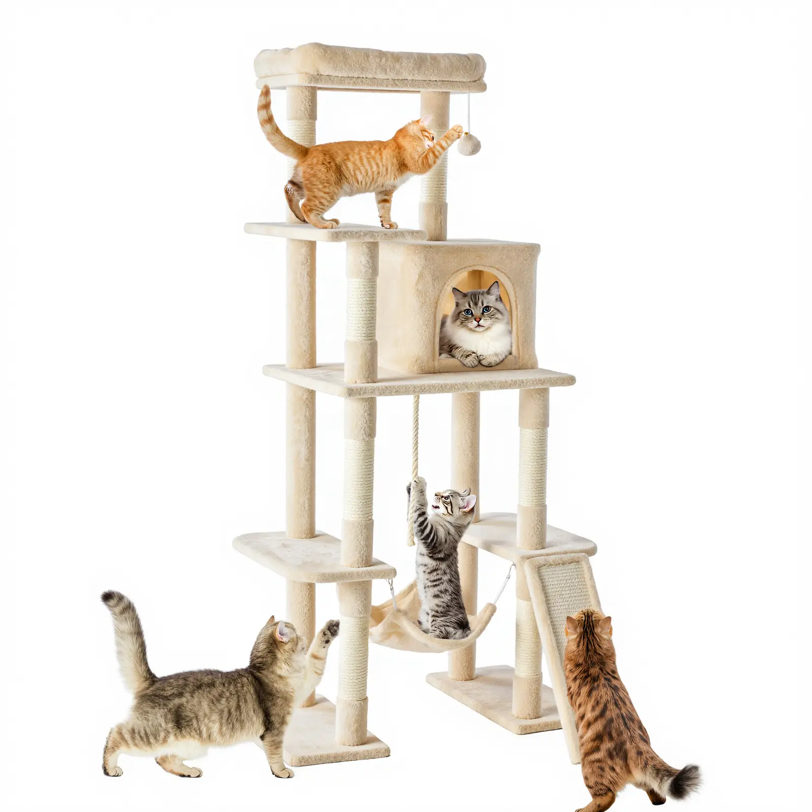Sweetcrispy 63-in Large Multi-Level Cat Tree Tower for Indoor Cats & Kitty - Natural Sisal Scratching Posts, Vertical Scratcher, Condo, Extended Platform, Hammock, Pet House, Healthy Claw Care Resting Spot