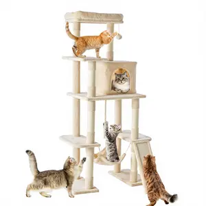 Sweetcrispy 63 inch Cat Tree Tower Large Multi Level Climbing Tower with Condo Natural Sisal Scratching Posts Extended Platform Hammock Pet House for Indoor Cats and Kittens Play