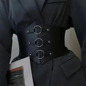 Gothic Triple Buckle Corset Belts Black Rivet Studded Elastic Waspie Waistband Punk Coat Dress Belt Women